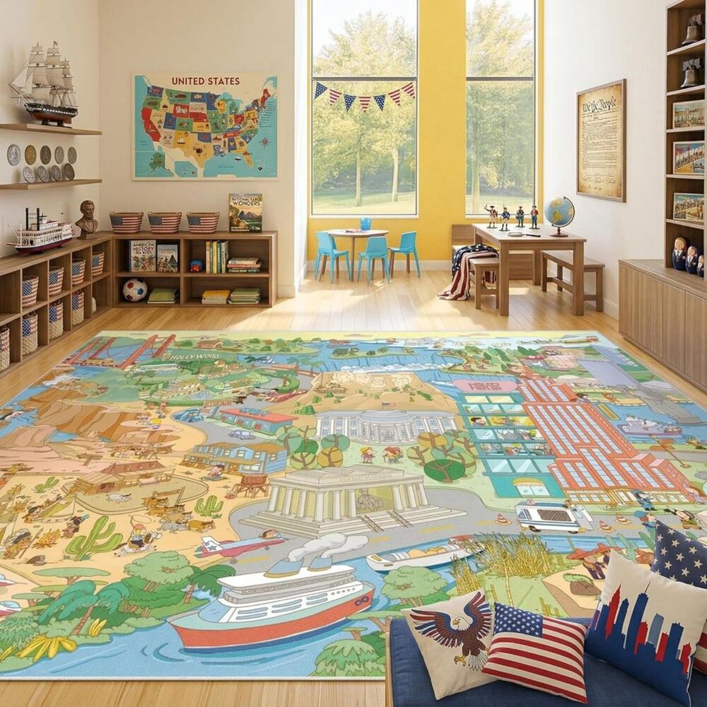Brand New Hazo Haus Patriotic North America Geography Kids Playroom Rug 8' × 10'